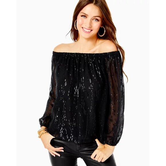 LILLY PULITZER Emilee Onyx Black Chiffon Long Sleeve Off the Shoulder Top Size M - Picture 3 of 3